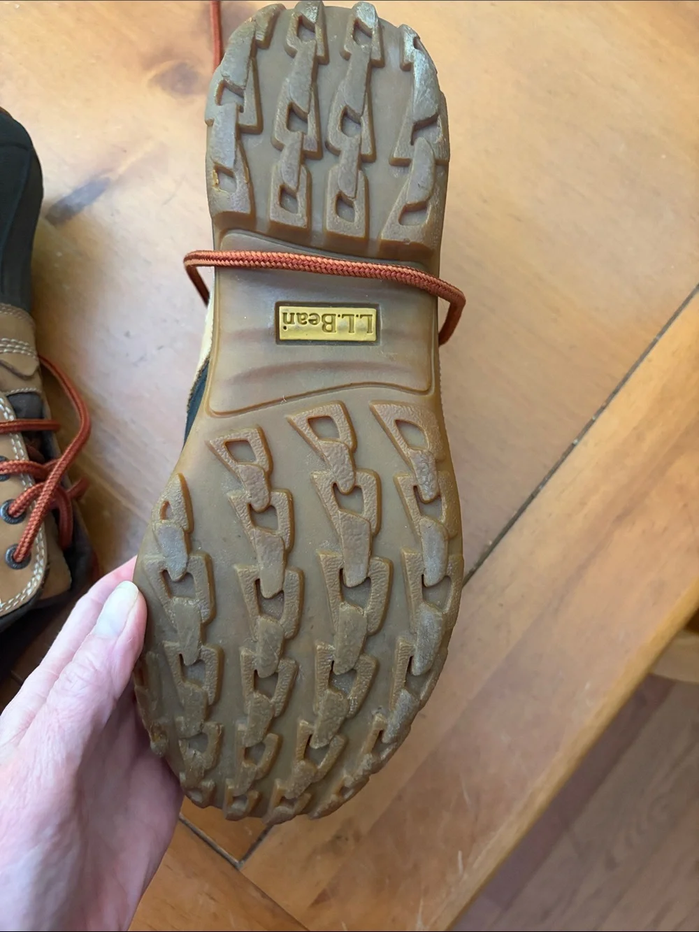 L.L. Bean Tan and Black Waterproof Duck Boots with Rust Laces